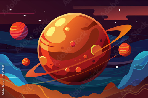 Colorful illustration of a large  stylized planet with rings  surrounded by smaller planets against a dark  starry background with flowing blue cosmic waves.