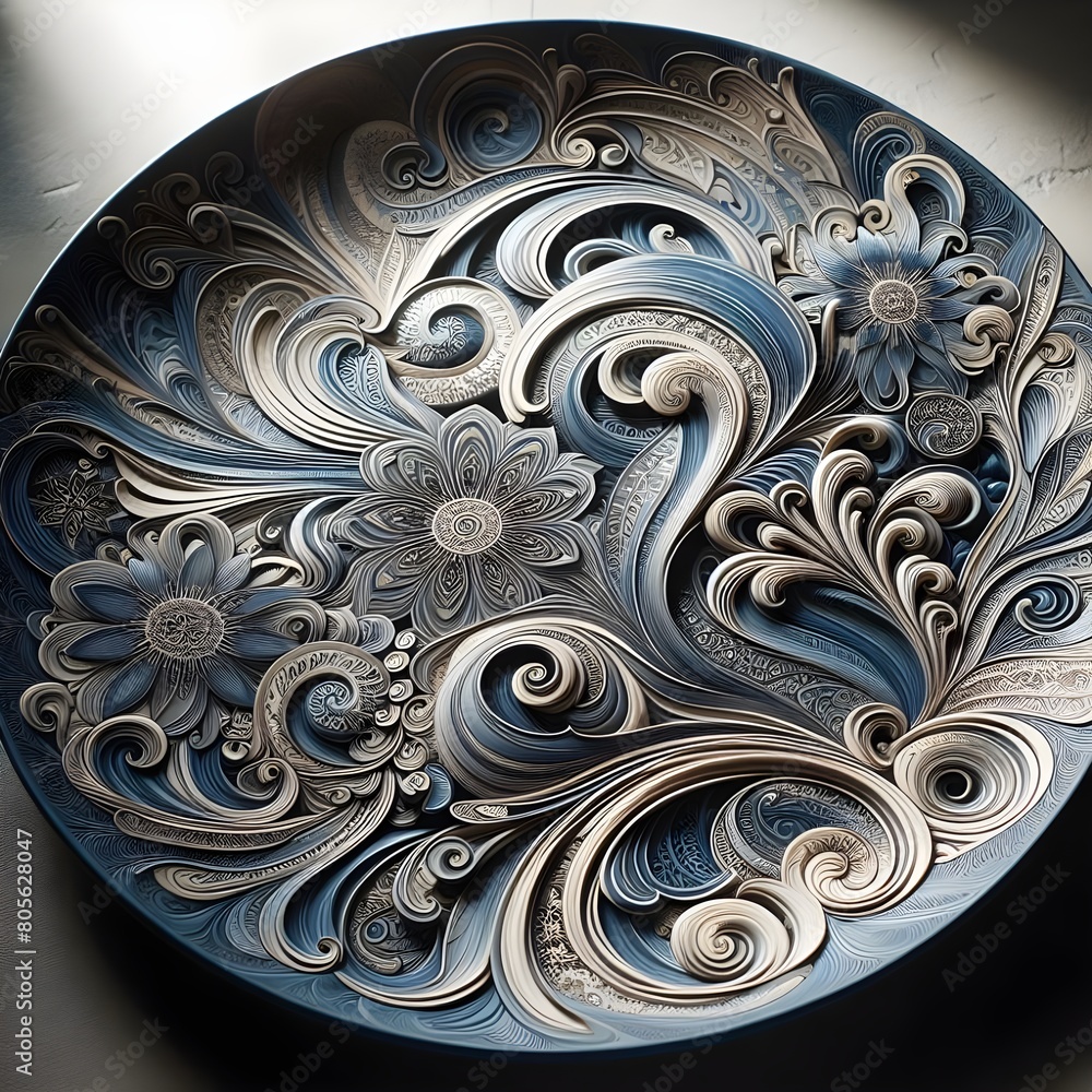 Elegant stoneware decorative plate in blue tones.
