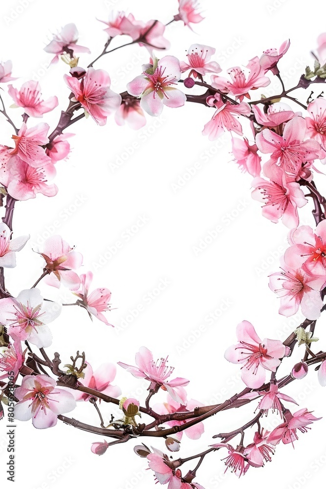 Easter wreath with delicate pink flowers, hand drawn . Decorative frame of spring flowers, inscription Happy Easter.