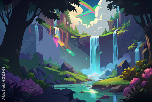 Vibrant digital illustration of a fantastical landscape with multicolored waterfalls, a rainbow, and lush vegetation under a bright, cloud-filled sky.