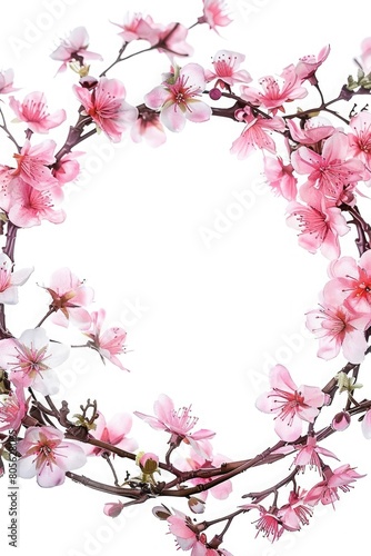 Easter wreath with delicate pink flowers  hand drawn . Decorative frame of spring flowers  inscription Happy Easter.
