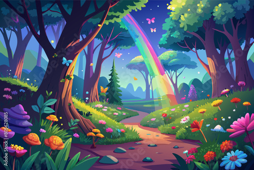 Colorful digital illustration of a whimsical forest path with vibrant flowers, towering trees, and a bright rainbow arching across a sunlit sky.
