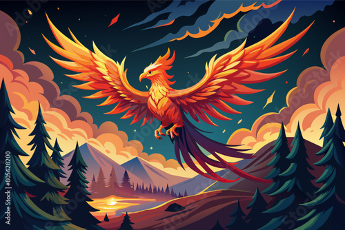 Illustration of a majestic phoenix in flight, its fiery wings spread wide, set against a dramatic backdrop of swirling orange clouds and dark silhouetted pine trees.