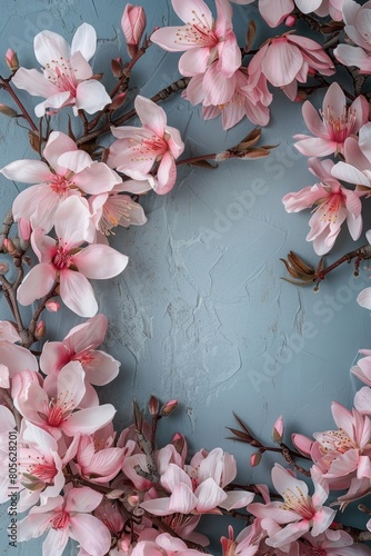 Easter wreath with delicate pink flowers  hand drawn . Decorative frame of spring flowers  inscription Happy Easter.