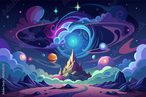 Colorful illustration of a vibrant cosmic scene featuring a large fiery phoenix with Saturn-like rings surrounded by various stylized planets and stars,
