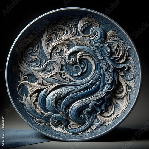 Elegant stoneware decorative plate in blue tones. 