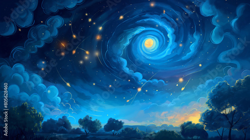 wallpaper featuring a dreamy night sky filled with swirling galaxies, twinkling stars, and a luminous moon.