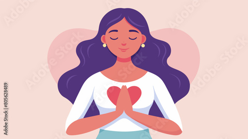 A woman closes her eyes and rests her hands on her heart fully immersed in a mindfulness meditation practice to cultivate selflove and compassion.. Vector illustration