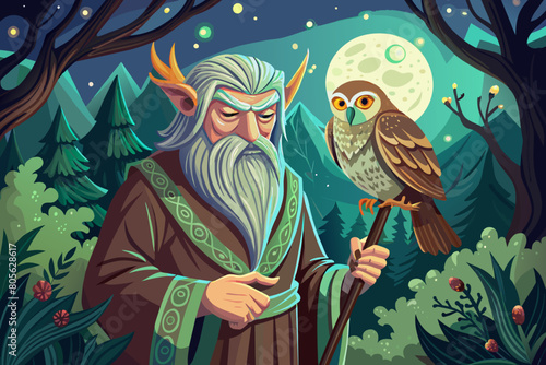 Illustration of an elderly wizard with a long white beard and a green cloak, holding a staff, standing next to an owl perched on a branch in a lush, dense forest.