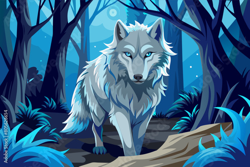Illustration of a blue-toned wolf walking through a dark, mystical forest with glowing eyes and subtle moonlight filtering through the trees.