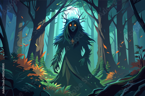 Illustration of a mysterious figure with glowing green eyes standing in a dimly lit forest surrounded by trees and falling leaves.