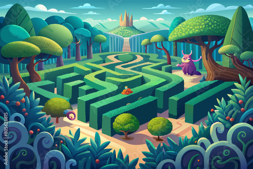 Illustration of a whimsical garden maze with stylized trees and bushes, featuring a purple-robed wizard standing at the center and a small fox navigating the path