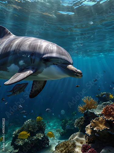 A dolphin swimming in the warm waters of the ocean.