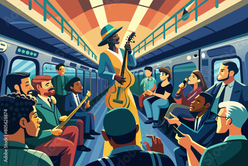 A vibrant illustration of a diverse group of passengers enjoying a guitar performance by a man in a striped suit and hat inside a subway train.