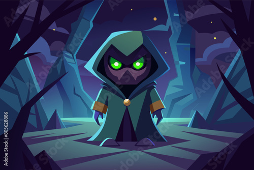Illustration of a mysterious cloaked figure with glowing red eyes standing on a pathway, flanked by eerie glowing-eyed stones, in a dark, foreboding forest with castle silhouettes in the background.