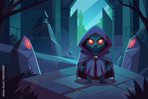 Illustration of a mysterious cloaked figure with glowing red eyes standing on a pathway, flanked by eerie glowing-eyed stones, in a dark, foreboding forest with castle silhouettes in the background.