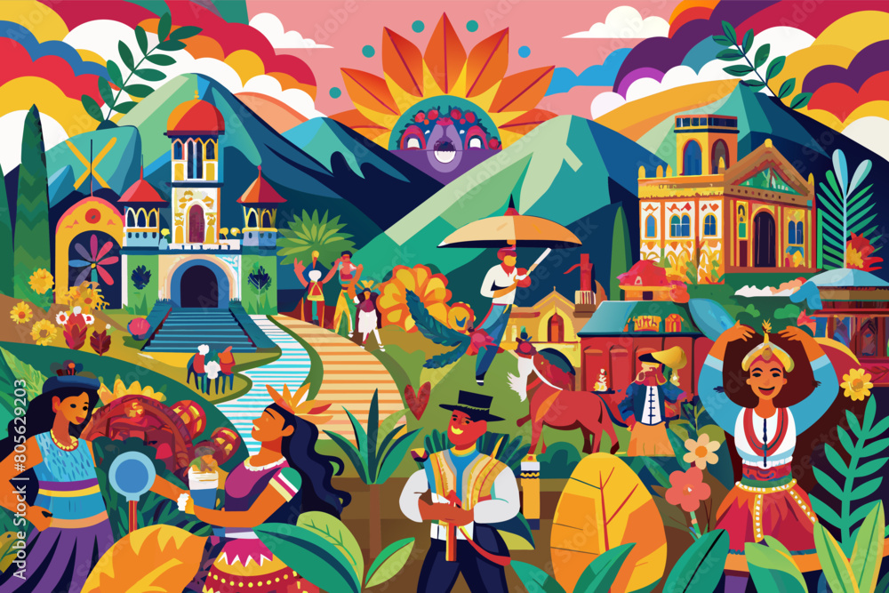 Colorful illustration depicting a vibrant landscape with diverse activities and architecture. People in traditional clothing engage in various activities such as dancing and harvesting fruits