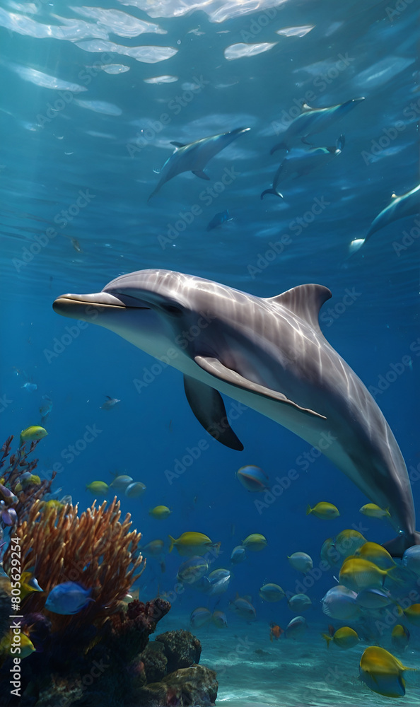 Naklejka premium A dolphin swimming in the warm waters of the ocean.