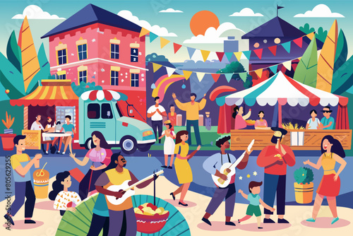 Colorful illustration of a vibrant street festival with diverse people dancing, playing music, and enjoying food under hanging banners and string lights