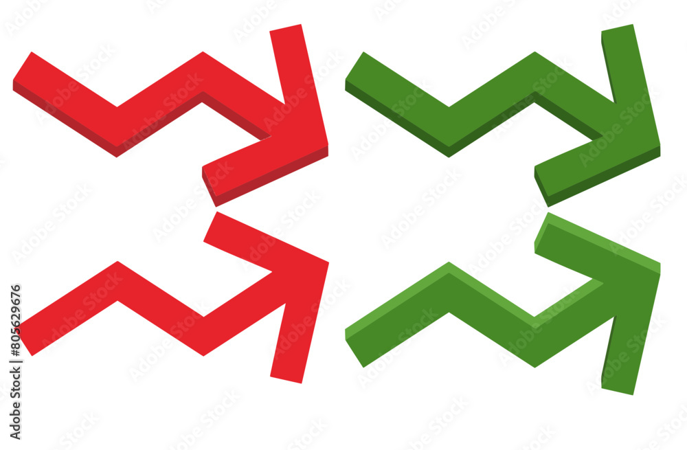 Stock market chart arrows in red and green are seen as graphic elements and are seen in a 3-d illustration. Arrows indicate the upward and downward gains and losses on the Dow. Stock market chart arrows in red and green are seen as graphic elements and are seen in a 3-d illustration. Arrows indicate the upward and downward gains and losses on the Dow.