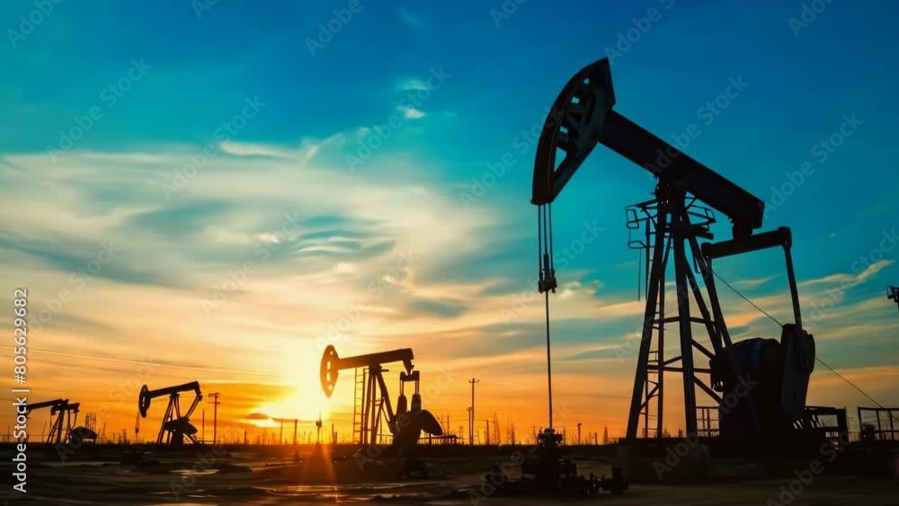 Drilling rigs in an oilfield. Industrial extraction of crude oil from underground. Oil is extracted using a jack-and-pump system. Drilling rigs in an oilfield. Industrial extraction of crude oil from underground. Oil is extracted using a jack-and-pump system.