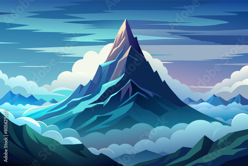 Stylized illustration of a tall mountain peak with a glowing summit  surrounded by clouds and under a vibrant  swirling twilight sky.