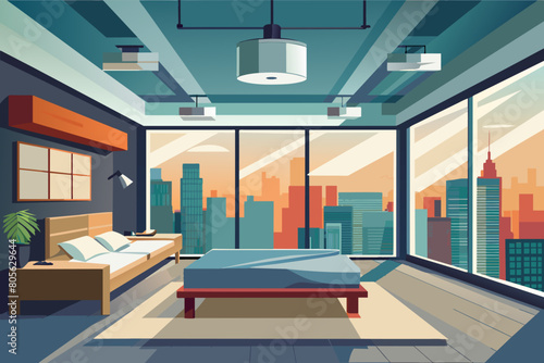 Illustration of a stylish modern bedroom with a large bed, floor-to-ceiling windows, and a panoramic view of a city skyline during sunset.