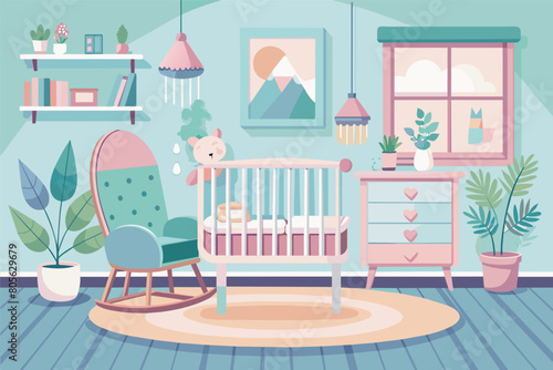 Illustration of a pastel-colored nursery room with a crib, rocking chair, dresser, shelves with toys and books, a circular rug, and decorative plants.