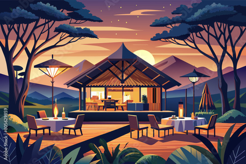 Illustration of an outdoor dining area at dusk with a luxurious open pavilion, tables set for dinner, surrounded by tropical trees against a backdrop of mountains and a starry sky.