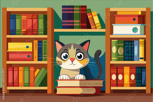 Illustration of a black cat sitting on a red mat in front of two bookshelves filled with colorful books in a room with striped wallpaper.