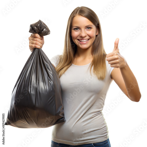 Smiling Young Woman Holding a Trash Bag Giving a Thumbs Up Gesture