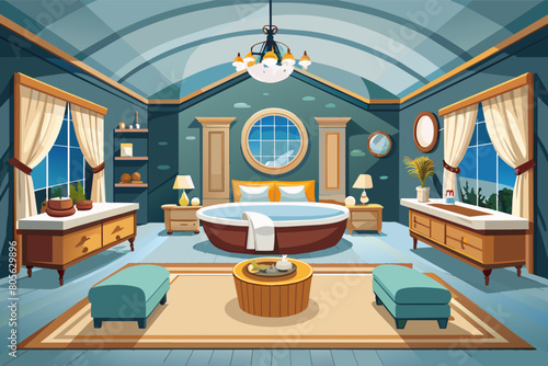 Illustration of a spacious bedroom with a large bed, freestanding bathtub, and extensive windows offering a mountain view. The room features two armchairs, a dresser, and a rug