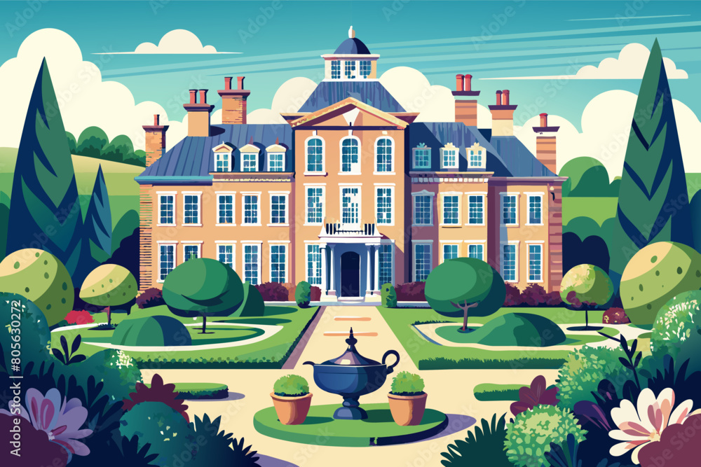 Illustration of an elegant, large orange and yellow manor surrounded by lush green gardens and symmetrical landscaping, with tall trees and colorful bushes in a vibrant, cartoonish style.
