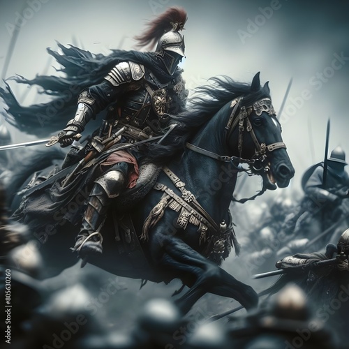 Motion blur effect cavalry knight amidst the battlefield. © Yuthana