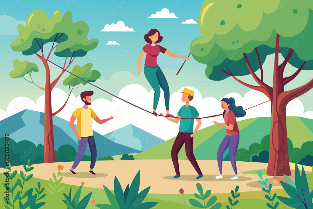 Illustration of four people involved in a slacklining activity in a forest setting with mountains in the background. Two individuals are holding a slackline