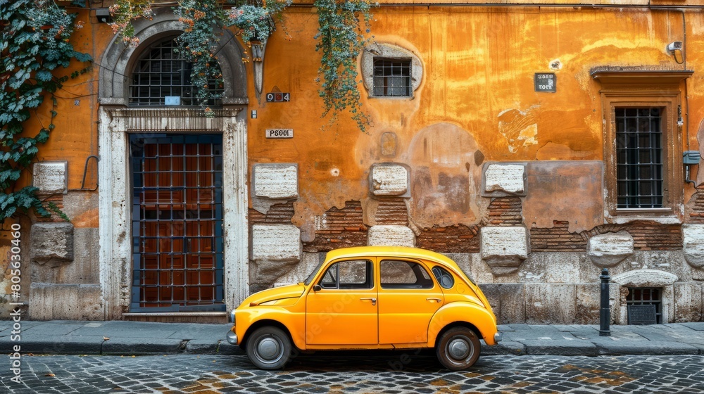 Yellow Vintage Taxi in Historic European City