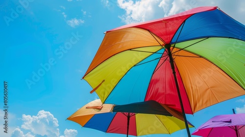 Multicolored umbrella under bright sunlight with lens flare. Vibrant summer and protection concept.