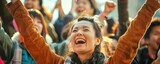Joyful Asian woman cheering at outdoor concert with raised hands. Festival joy and excitement concept