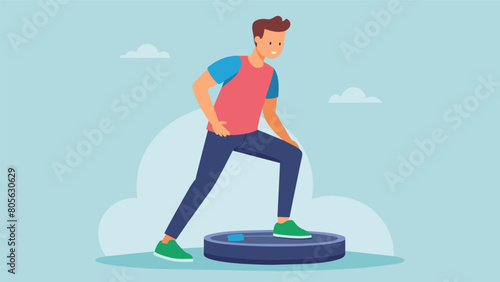 A man standing on a vibration plate slowly performing squats to aid in strengthening his leg muscles after ACL reconstruction .. Vector illustration