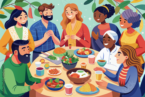 Illustration of a diverse group of seven people enjoying a meal together around a table filled with various dishes, in a setting surrounded by plants.