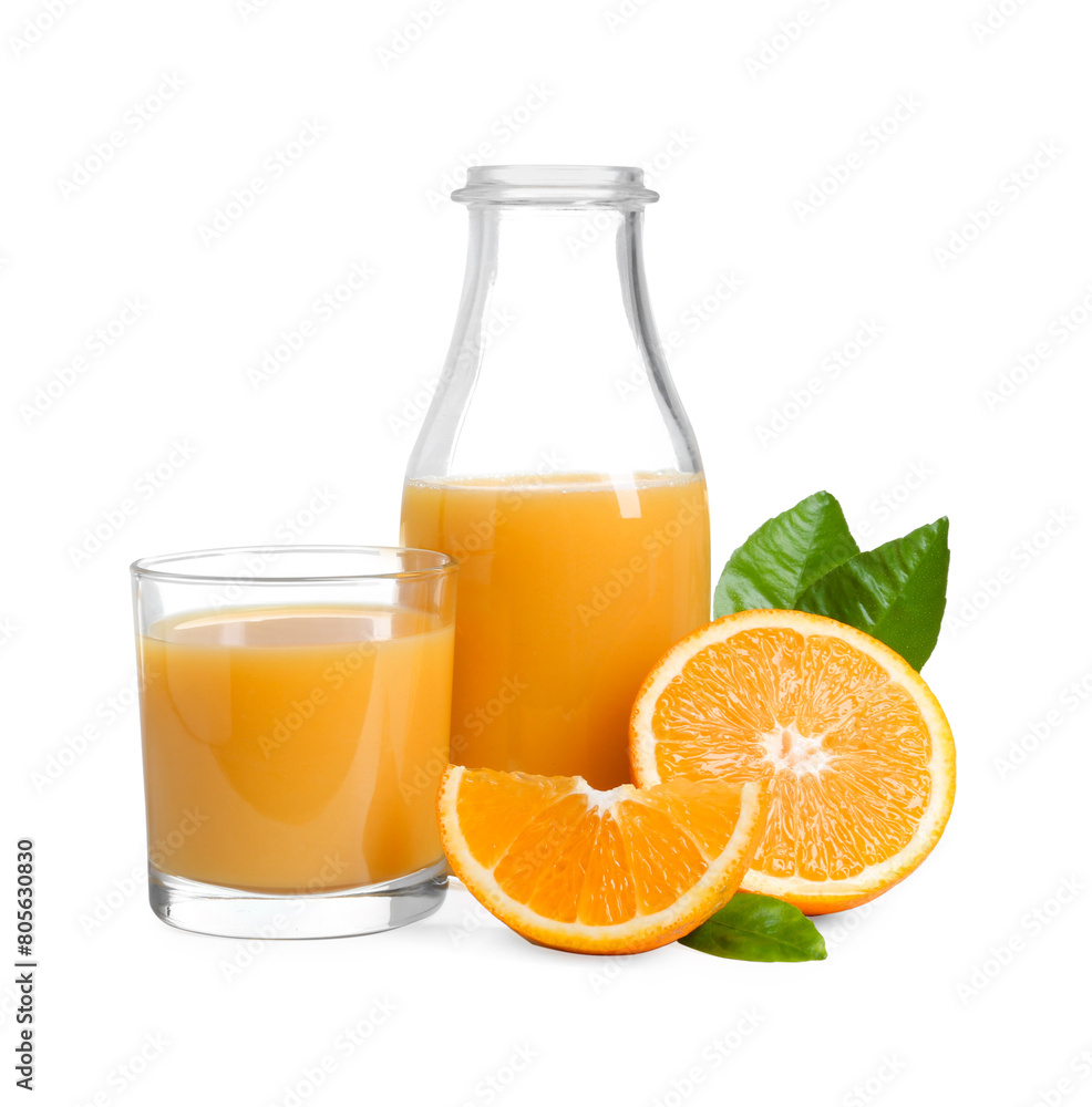 Refreshing orange juice, leaves and fruits isolated on white Refreshing orange juice, leaves and fruits isolated on white
