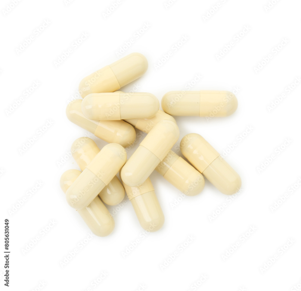 Vitamin capsules isolated on white, top view. Health supplement Vitamin capsules isolated on white, top view. Health supplement
