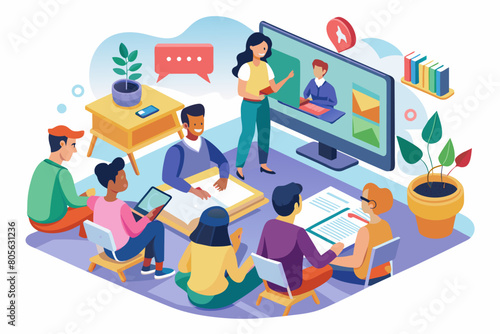 Colorful illustration of a diverse group of six animated people collaborating in a modern office setting, with laptops and documents on a round table