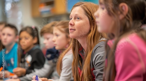 Teacher discussing with young students in classroom. Educational interaction concept