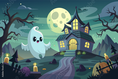 Illustration of a whimsical haunted house at night with a smiling ghost floating near a crescent moon, surrounded by bare trees and a starry sky.