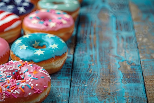 donuts with icing in the colors of USA flags --chaos 10 --ar 3:2 --style raw Job ID: 4fff737e-0388-4f54-b28d-f28a175bdbb0
