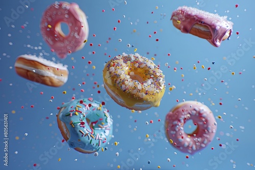 Colorful Sprinkled Donuts in Mid-Air Against a Blue Background