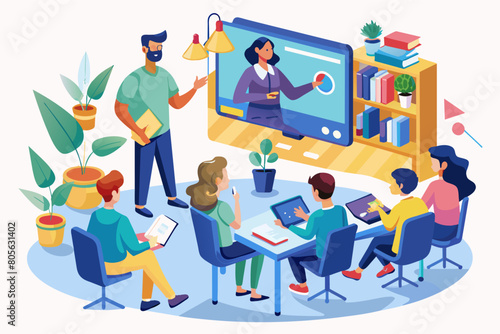 Colorful illustration of a diverse group of six animated people collaborating in a modern office setting, with laptops and documents on a round table