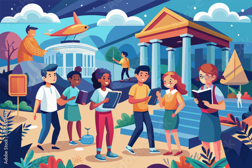 Colorful illustration of a group of diverse students with books and tablets in front of stylized ancient Greek architecture, under a starry sky with a flying rocket and an owl.