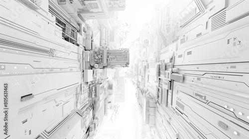 An abstract, overexposed view looking up into a narrow gap between futuristic structures - Generative AI